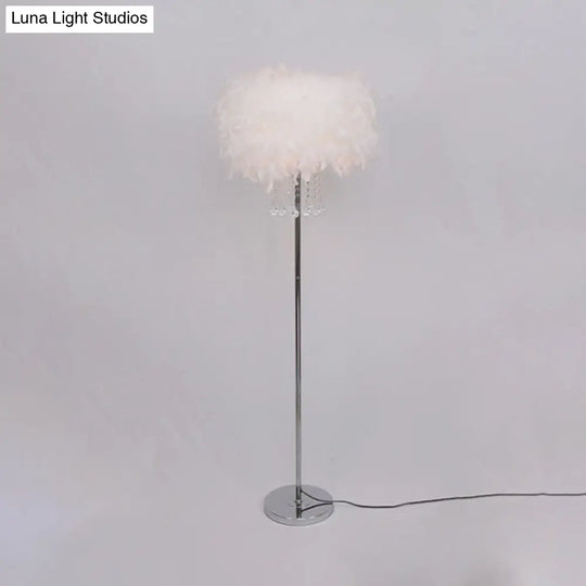 Modernist Drum Dining Room Floor Lamp In Pink/White/Purple With Crystal Draping