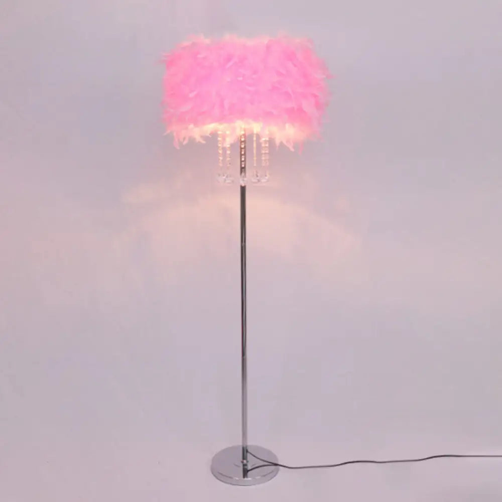 Modernist Drum Dining Room Floor Lamp In Pink/White/Purple With Crystal Draping Pink