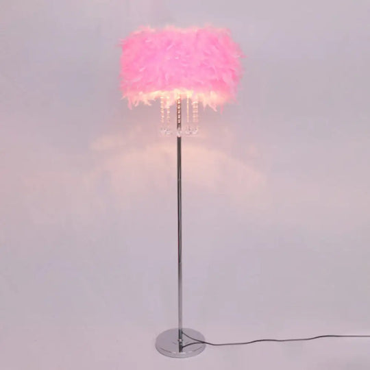 Modernist Drum Dining Room Floor Lamp In Pink/White/Purple With Crystal Draping Pink