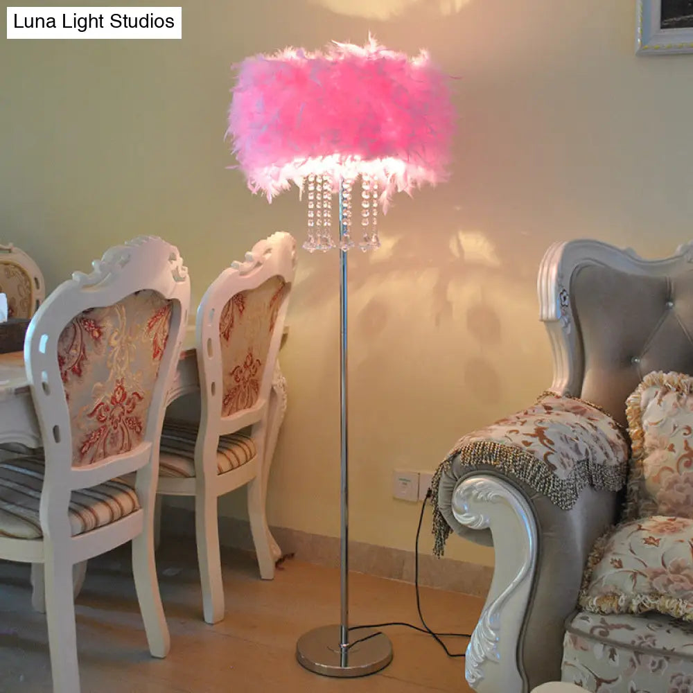 Modernist Drum Dining Room Floor Lamp In Pink/White/Purple With Crystal Draping