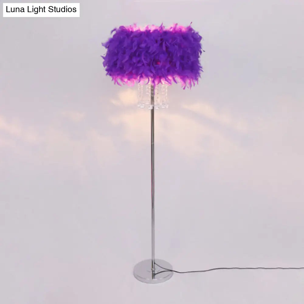 Modernist Drum Dining Room Floor Lamp In Pink/White/Purple With Crystal Draping