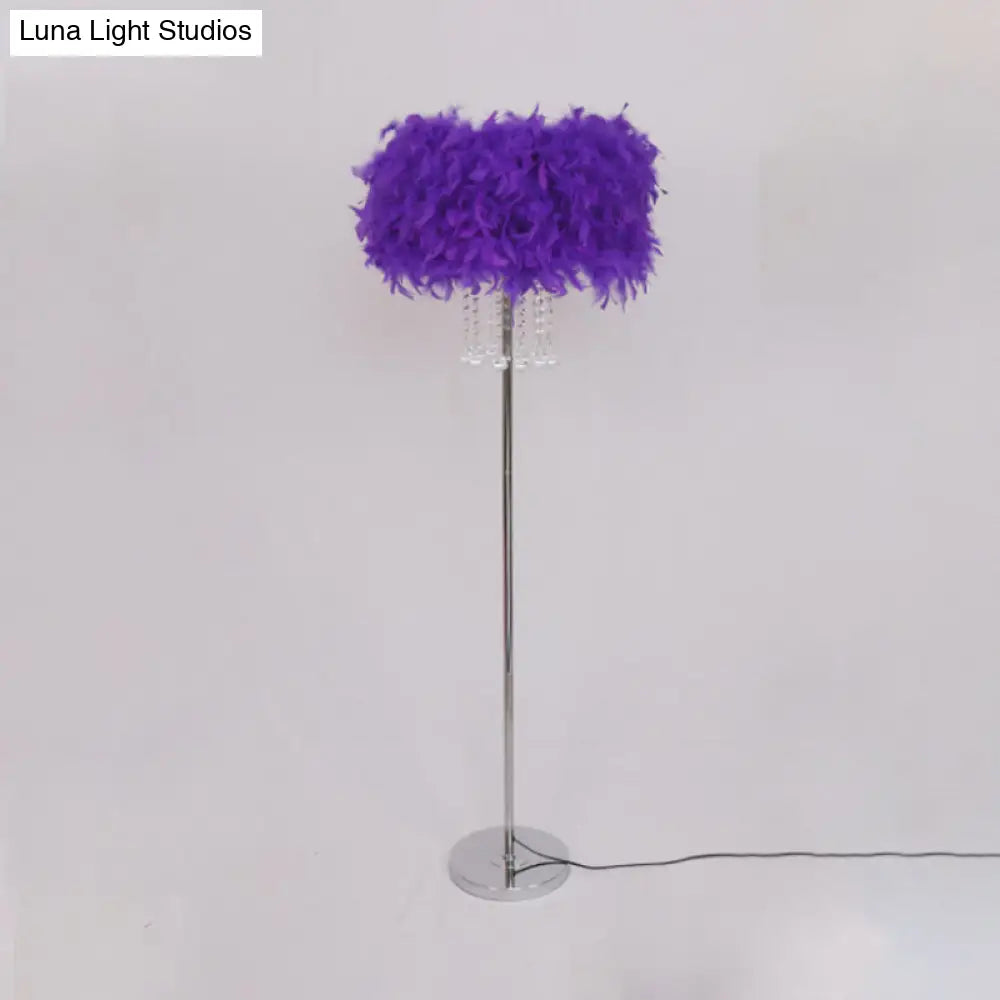 Modernist Drum Dining Room Floor Lamp In Pink/White/Purple With Crystal Draping