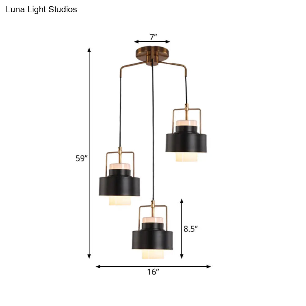 Modernist Drum-Shaped Metal Pendant - 3-Light Black Suspension Lamp