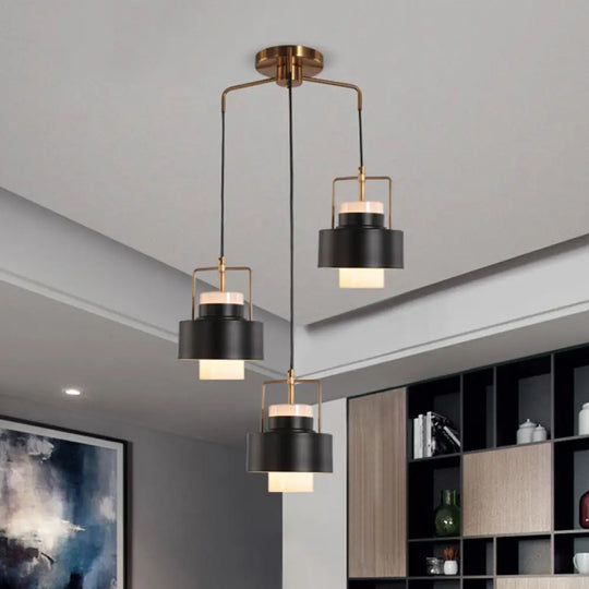 Modernist Drum-Shaped Metal Pendant Light - 3-Light Black Finish Suspension Lamp