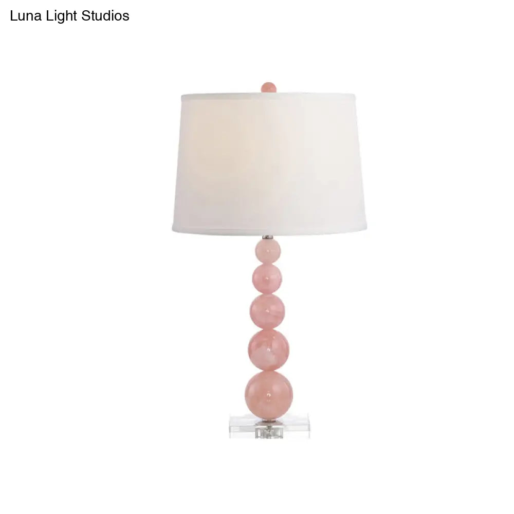 Modernist Fabric Barrel Shade Nightstand Lamp: Single White Table Light With Pink Glass Orb Stand