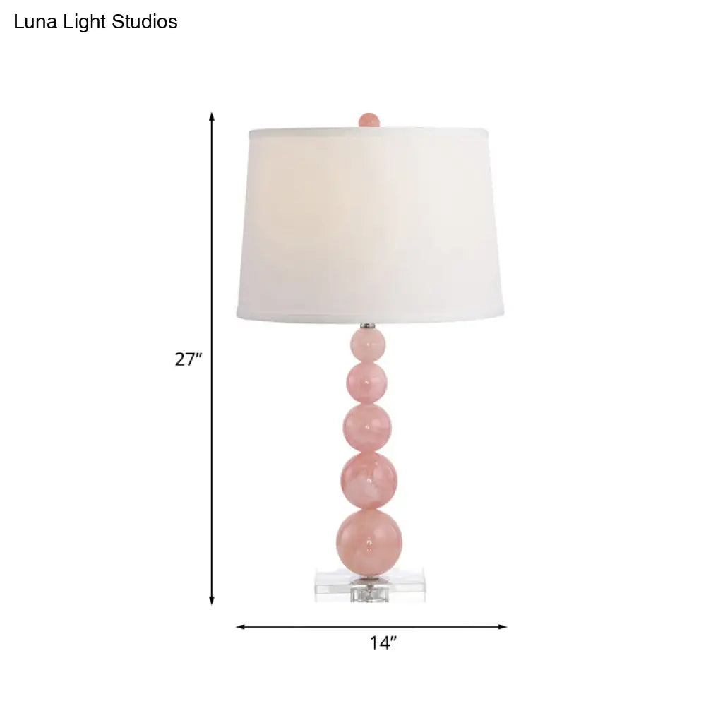 Modernist Fabric Barrel Shade Nightstand Lamp: Single White Table Light With Pink Glass Orb Stand