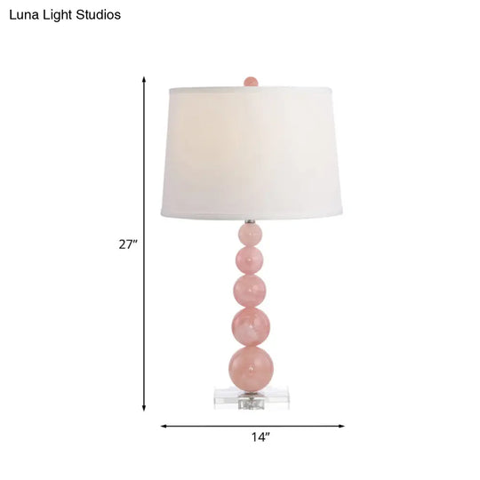 Modernist Fabric Barrel Shade Nightstand Lamp: Single White Table Light With Pink Glass Orb Stand