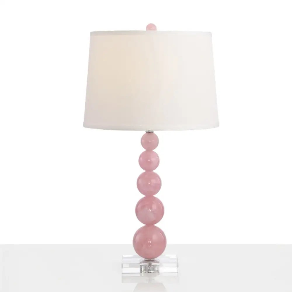 Modernist Fabric Barrel Shade Nightstand Lamp: Single White Table Light With Pink Glass Orb Stand