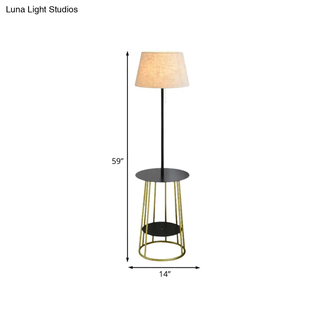 Modernist Fabric Barrel Shade Standing Table Lamp - Single Black & Gold Finish With Pull Chain