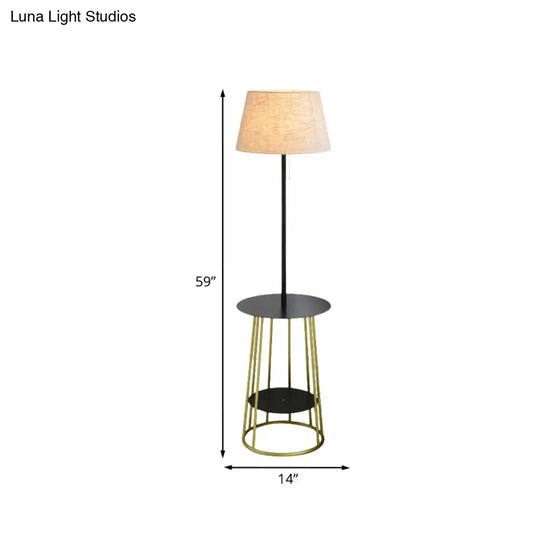 Modernist Fabric Barrel Shade Standing Table Lamp - Single Black & Gold Finish With Pull Chain