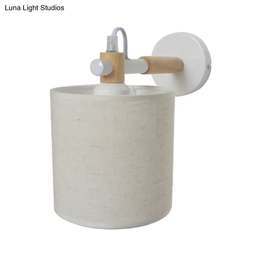 Modernist Fabric Cylindrical Sconce Wall Light With Wooden Joint - 1 Bedroom Fixture Black/White