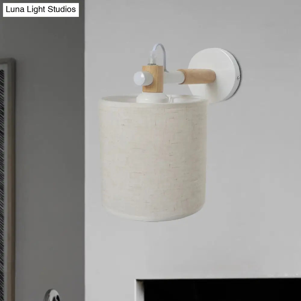 Modernist Fabric Cylindrical Sconce Wall Light With Wooden Joint - 1 Bedroom Fixture Black/White