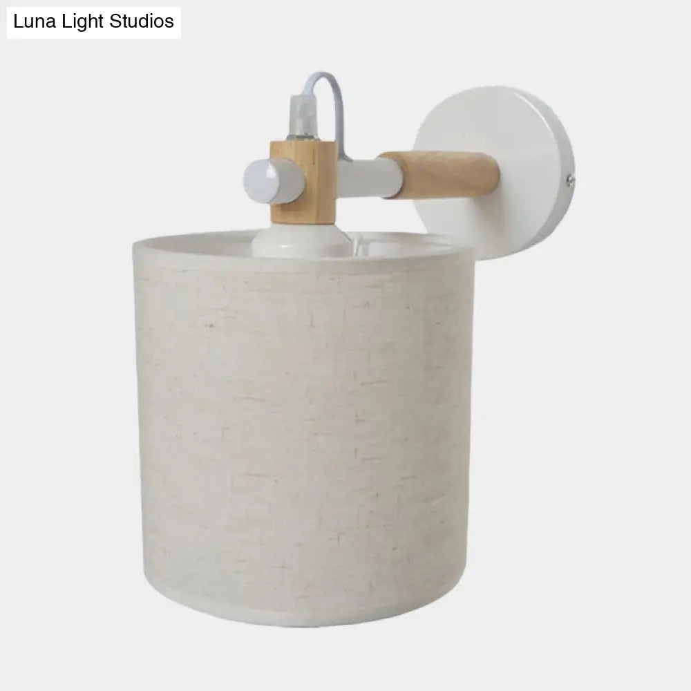 Modernist Fabric Cylindrical Sconce Wall Light With Wooden Joint - 1 Bedroom Fixture Black/White