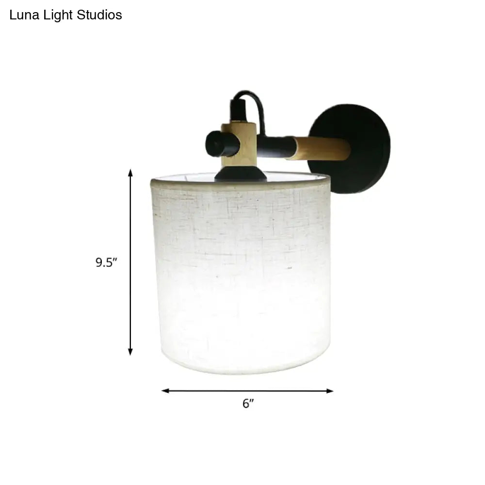 Modernist Fabric Cylindrical Sconce Wall Light With Wooden Joint - 1 Bedroom Fixture Black/White