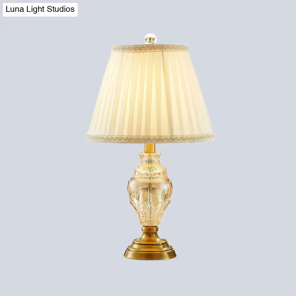 Modernist Fabric Desk Lamp With Crystal Base - Conical Design Beige Color