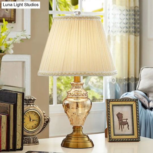 Modernist Fabric Desk Lamp With Crystal Base - Conical Design Beige Color