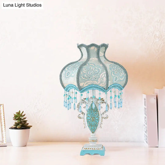 Modernist Fabric Domed Desk Light: 1 Light Pink/Blue Table Lamp With Fringe & Vase Base