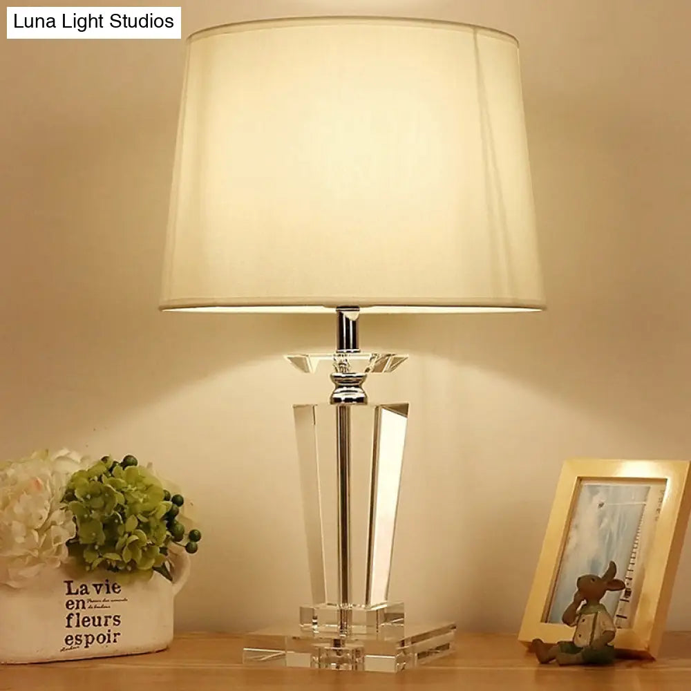 Modernist Fabric Nightstand Lamp - Barrel Crystal Task Light 1 Bulb 21/23.5 Long White