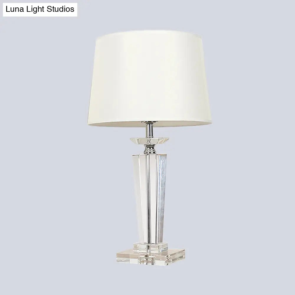 Modernist Fabric Nightstand Lamp - Barrel Crystal Task Light 1 Bulb 21/23.5 Long White