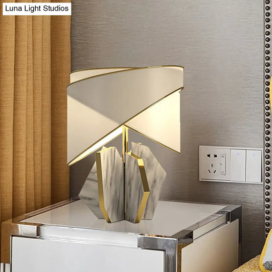 Modernist Fabric Shaded Table Lamp With Geometric Marble Base - Gold Desk Light