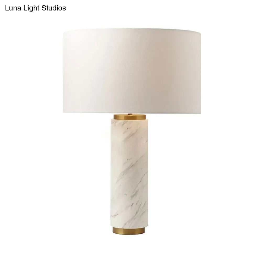 Modernist Fabric Table Lamp With Marble Base - Cylindrical Design White 1 Head