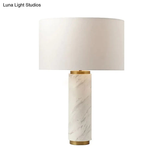 Modernist Fabric Table Lamp With Marble Base - Cylindrical Design White 1 Head