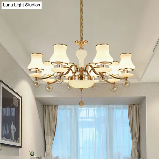 Modernist Flared Crystal Chandelier With White Glass 8 Heads - Champagne Ceiling Suspension Lamp