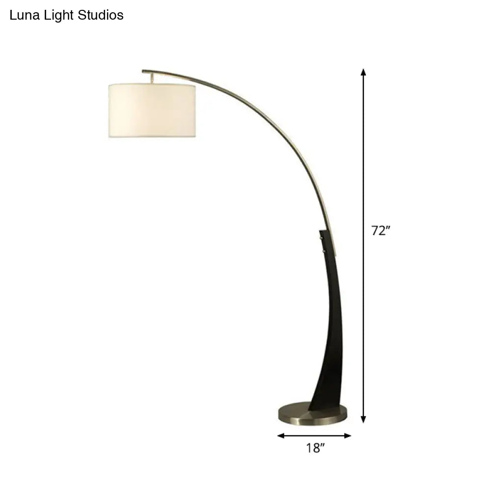 Modernist Floor Lamp With Overarching Design Metal Base Single Light And Black Drum Shade In White