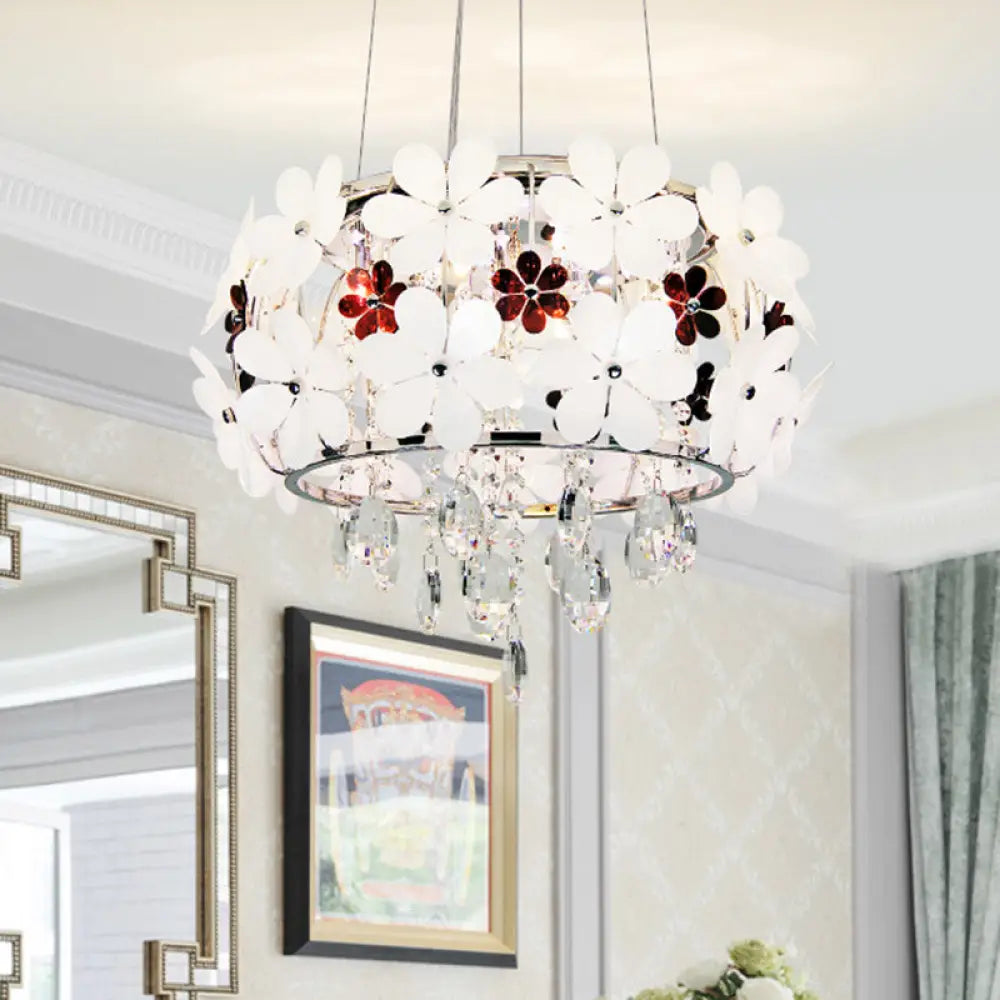 Modernist Floral Acrylic Flushmount Ceiling Light With Crystal Drop - 5 Heads White/Purple White