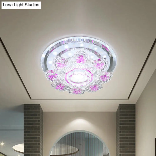 Modernist Floral Led Ceiling Fixture With Beveled Crystal Accents - Pink/Yellow Warm/White Light