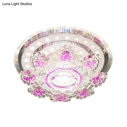 Modernist Floral Led Ceiling Fixture With Beveled Crystal Accents - Pink/Yellow Warm/White Light