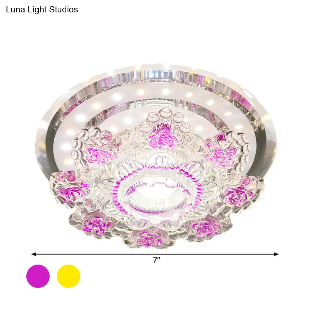 Modernist Floral Led Ceiling Fixture With Beveled Crystal Accents - Pink/Yellow Warm/White Light