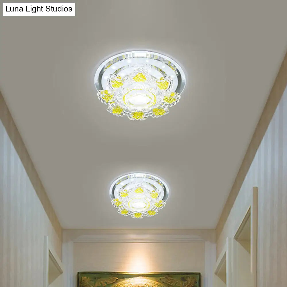 Modernist Floral Led Ceiling Fixture With Beveled Crystal Accents - Pink/Yellow Warm/White Light