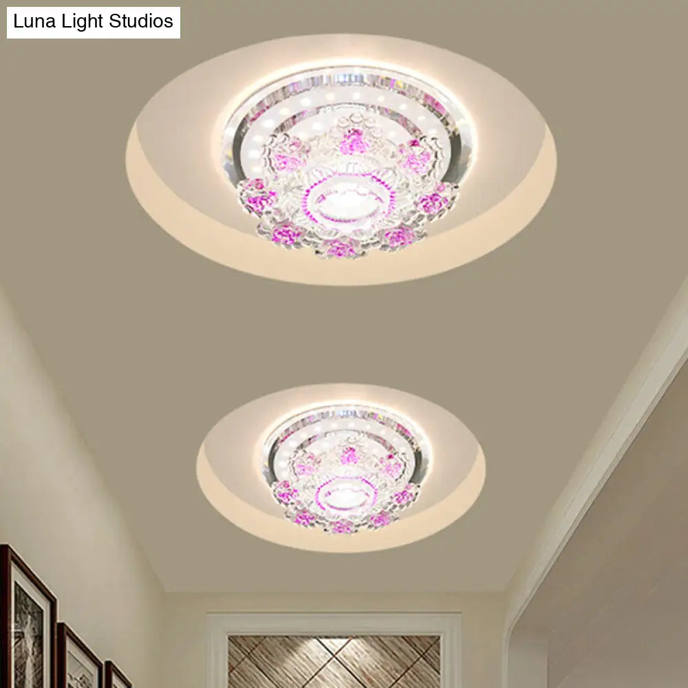 Modernist Floral Led Ceiling Fixture With Beveled Crystal Accents - Pink/Yellow Warm/White Light