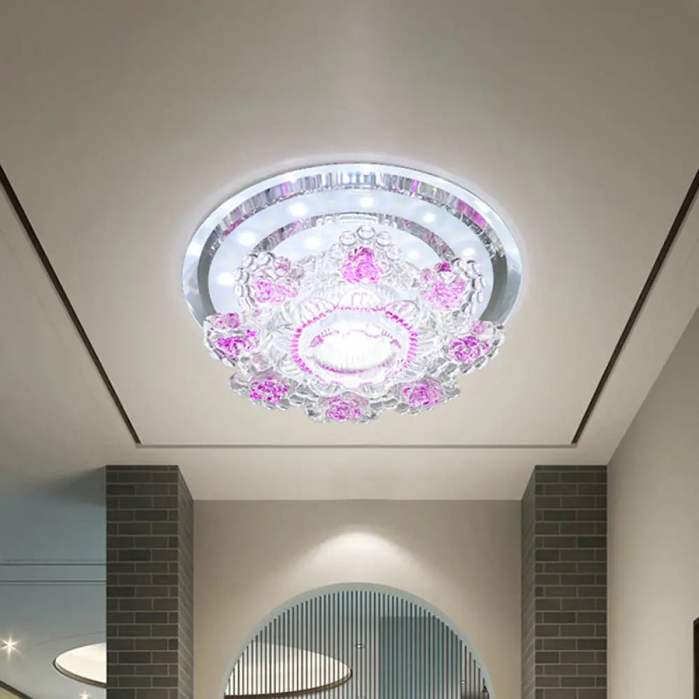 Modernist Floral Led Ceiling Fixture With Beveled Crystal Accents - Pink/Yellow Warm/White Light