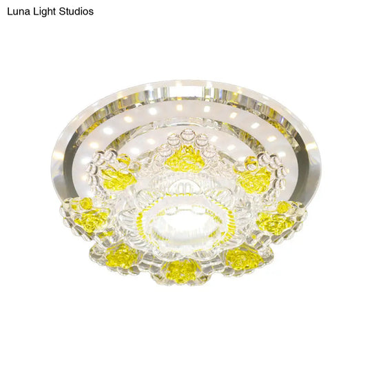 Modernist Floral Led Ceiling Fixture With Beveled Crystal Accents - Pink/Yellow Warm/White Light