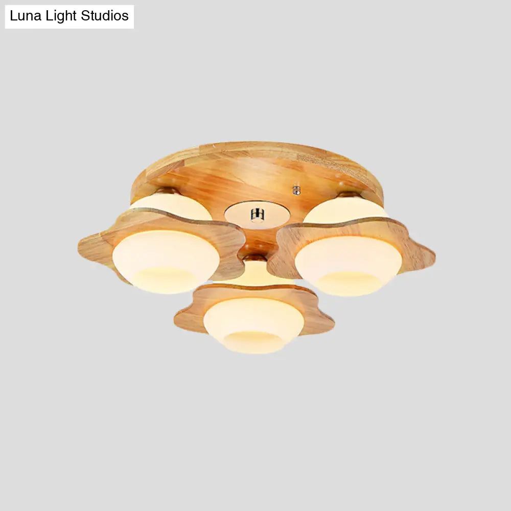 Modernist Floral Wood Flush Mount With Frosted Glass Shade - 3/5 Lights Beige Fixture