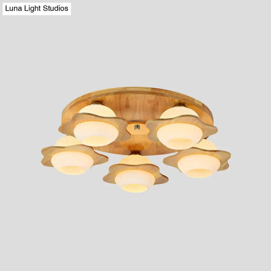 Modernist Floral Wood Flush Mount With Frosted Glass Shade - 3/5 Lights Beige Fixture