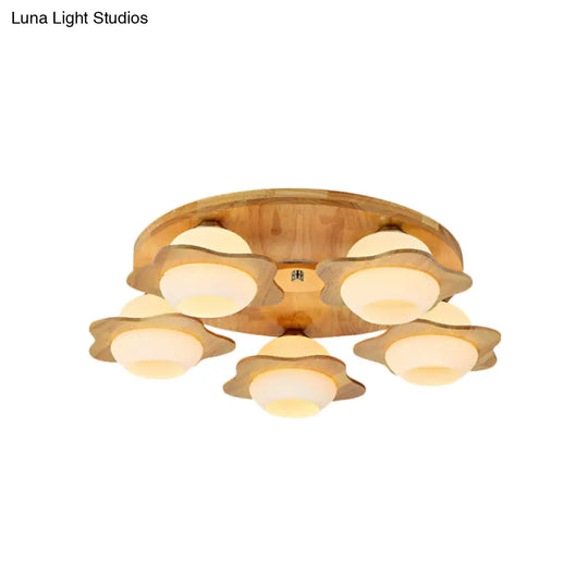 Modernist Floral Wood Flush Mount With Frosted Glass Shade - 3/5 Lights Beige Fixture