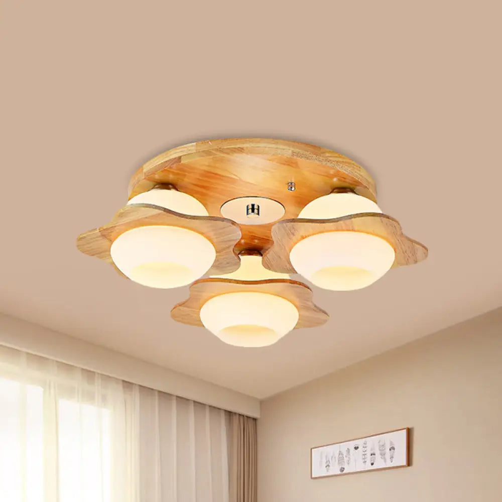 Modernist Floral Wood Flush Mount With Frosted Glass Shade - 3/5 Lights Beige Fixture 3 /