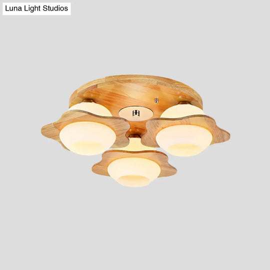 Modernist Floral Wood Flush Mount With Frosted Glass Shade - 3/5 Lights Beige Fixture