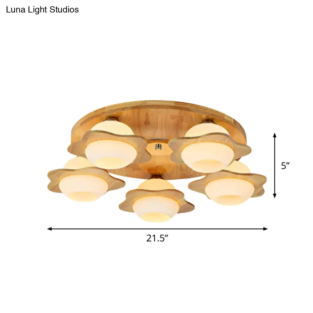 Modernist Floral Wood Flush Mount With Frosted Glass Shade - 3/5 Lights Beige Fixture