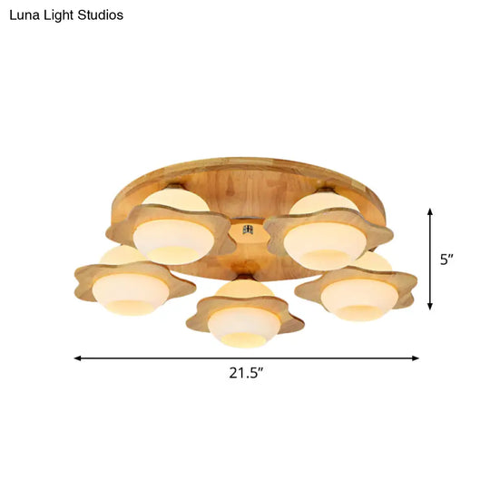 Modernist Floral Wood Flush Mount With Frosted Glass Shade - 3/5 Lights Beige Fixture