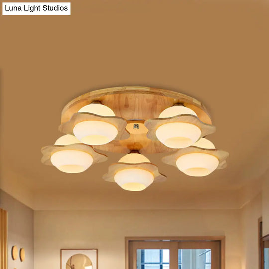 Modernist Floral Wood Flush Mount With Frosted Glass Shade - 3/5 Lights Beige Fixture