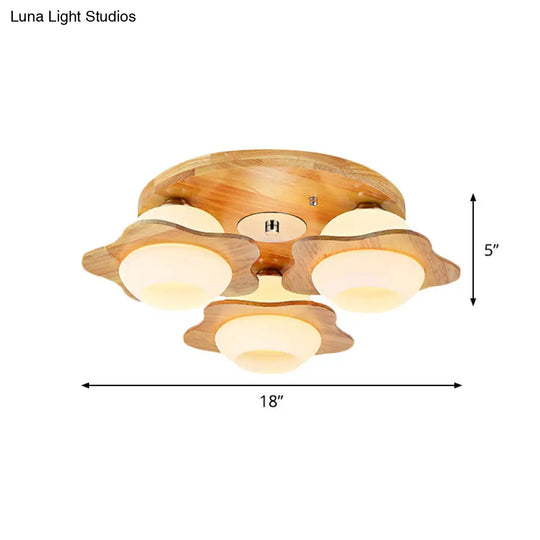 Modernist Floral Wood Flush Mount With Frosted Glass Shade - 3/5 Lights Beige Fixture