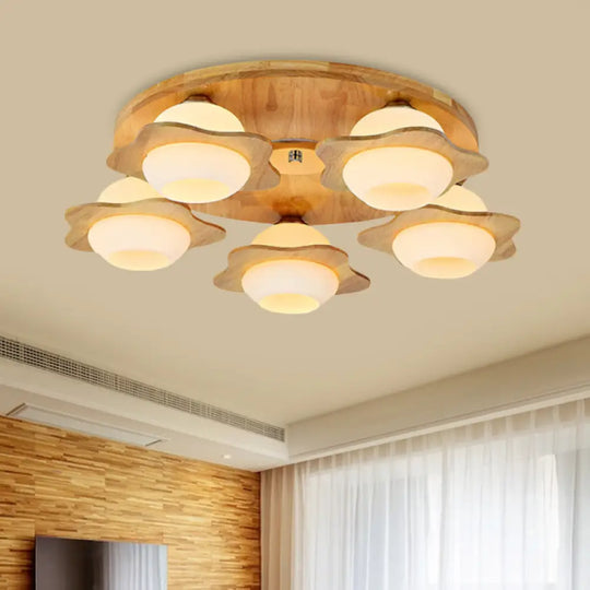 Modernist Floral Wood Flush Mount With Frosted Glass Shade - 3/5 Lights Beige Fixture 5 /