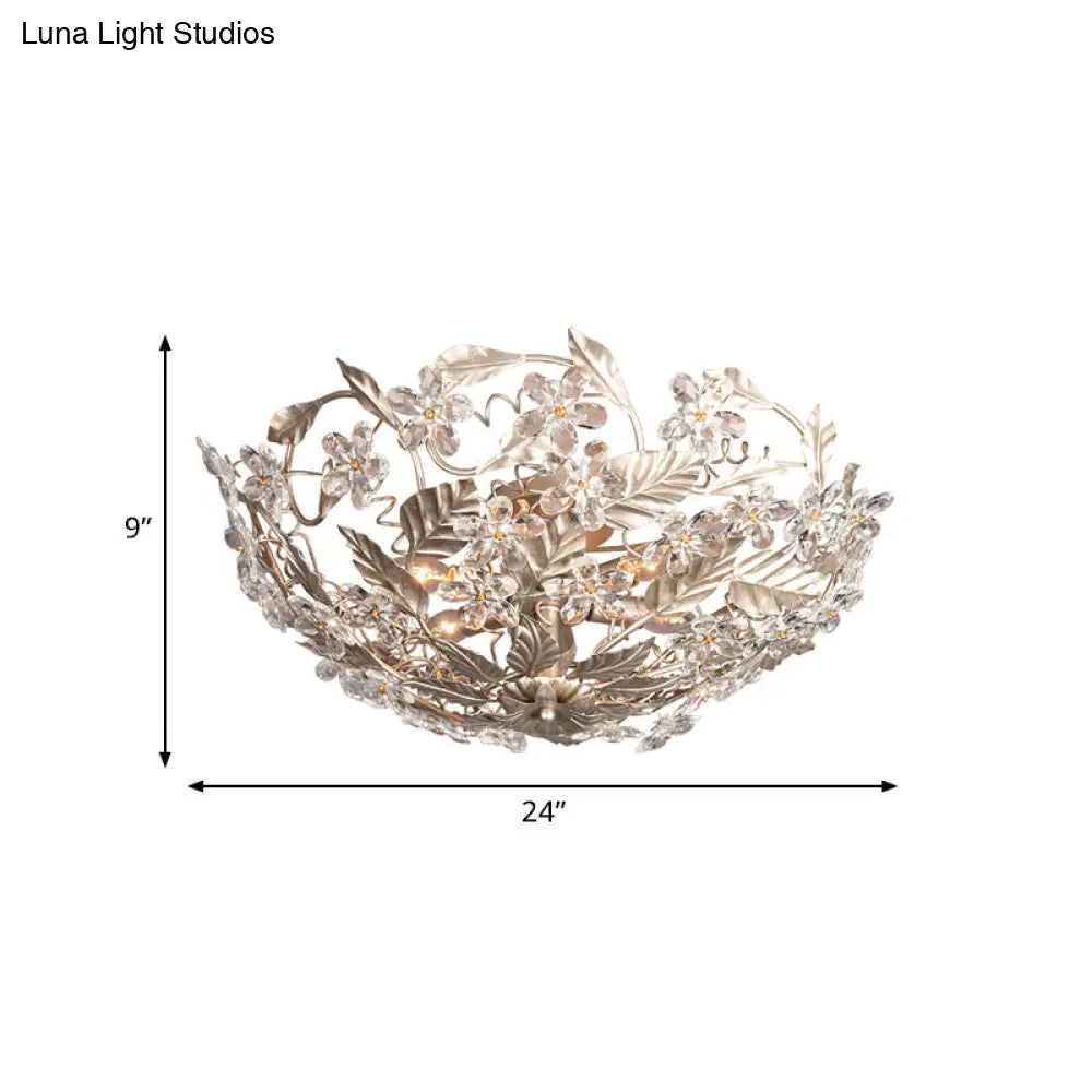 Modernist Flower Crystal Ceiling Mounted Fixture With Leaf Corridor Semi Mount Lighting