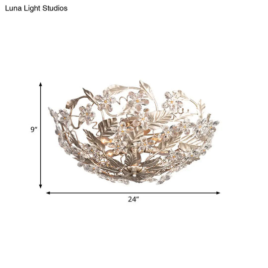 Modernist Flower Crystal Ceiling Mounted Fixture With Leaf Corridor Semi Mount Lighting