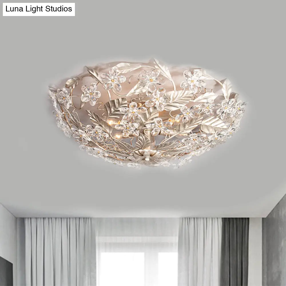 Modernist Flower Crystal Ceiling Mounted Fixture With Leaf Corridor Semi Mount Lighting