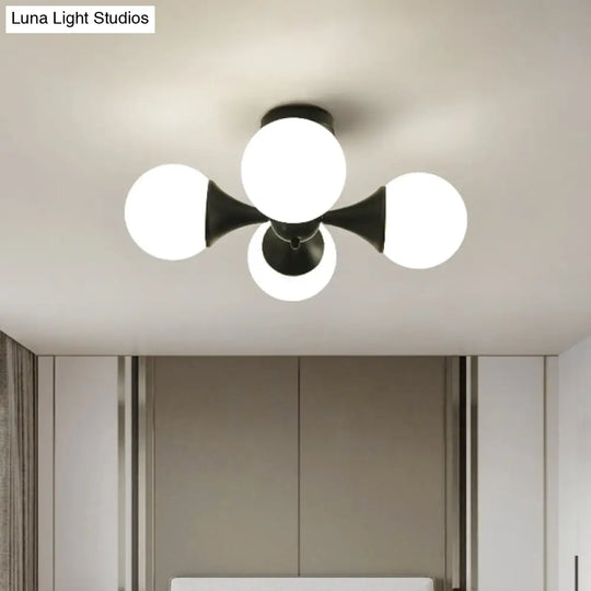 Modernist Flush Ceiling Lamp With Black Finish 4-Bulb Semi Mount Lighting And Milk White Glass